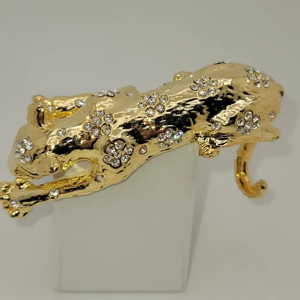 Vintage Gold-Tone Panther Brooch Green Rhinestone Eyes & Clear Rhinestones